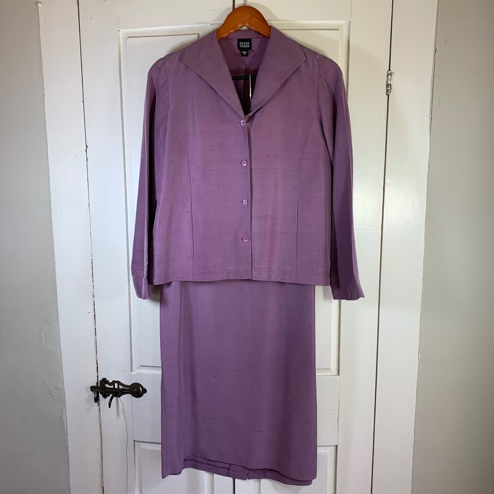 Eileen Fisher‎ Silk Suit Set Lavender Blazer Skirt Womens Small Event Wedding